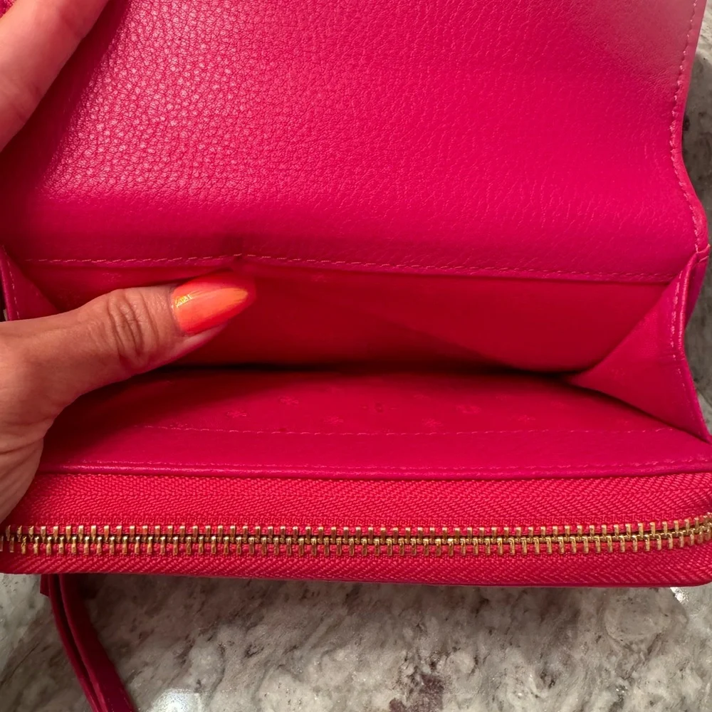 Tory Burch Hot Pink Leather Wristlet with Gold Logo